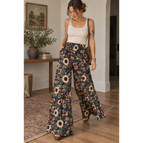 NATURAL LIFE Pants - Women's Natural Life Large Floral Wide Leg Tiered Boho Palazzo Pants Cottagecore